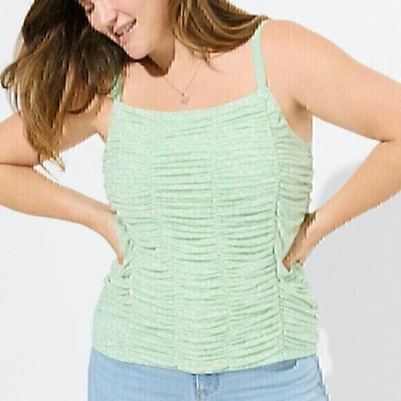 NEW NWT TORRID 1 Plus Size Stretch Mesh Cropped Shirred Cami Mint Green Floral - Picture 1 of 12